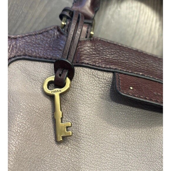 FOSSIL Logan Leather GREY /Brown Bi-Color Satchel Small Crossbody w Strap - Picture 9 of 9